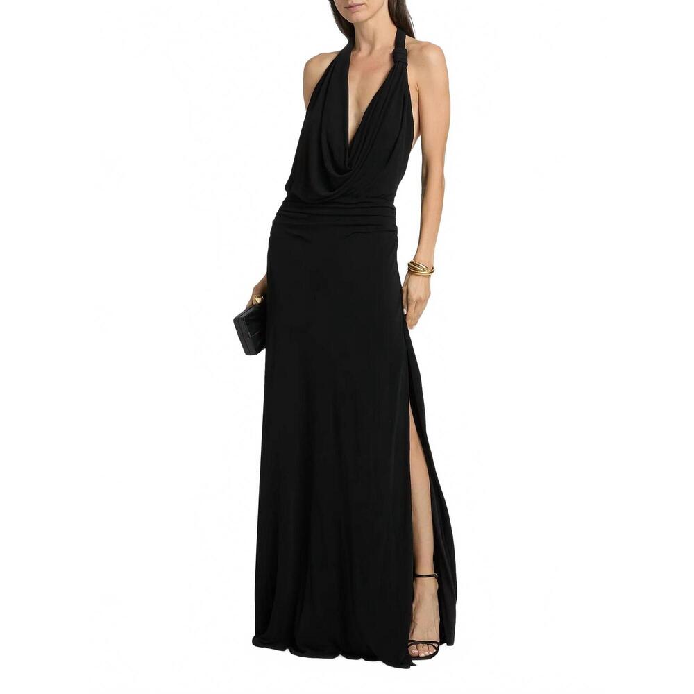 Ramy Brook Black Draped Halter Maxi Dress with Side Slit